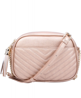 Chevron Quilted Tassel Zip Crossbody Bag WU120 ROSEGOLD